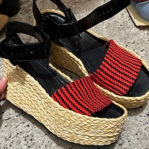 Celine Black and Red Espadrille Wedges